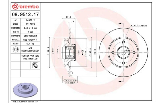 Bromsskiva BEARING DISC LINE 08.9512.17 Brembo, bild 2