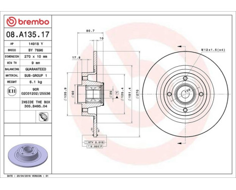 Bromsskiva BEARING DISC LINE 08.A135.17 Brembo, bild 4
