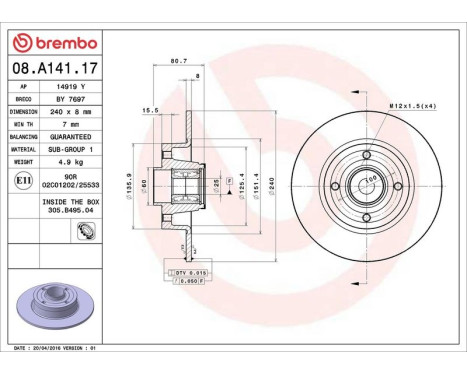 Bromsskiva BEARING DISC LINE 08.A141.17 Brembo, bild 3