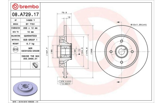Bromsskiva BEARING DISC LINE 08.A729.17 Brembo, bild 2