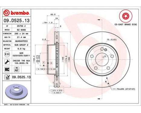 Bromsskiva CO-CAST DISCS LINE 09.D525.13 Brembo, bild 2