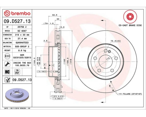Bromsskiva CO-CAST DISCS LINE 09.D527.13 Brembo, bild 3