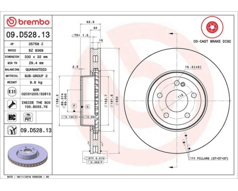 Bromsskiva CO-CAST DISCS LINE 09.D528.13 Brembo, bild 3