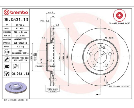 Bromsskiva CO-CAST DISCS LINE 09.D531.13 Brembo, bild 2
