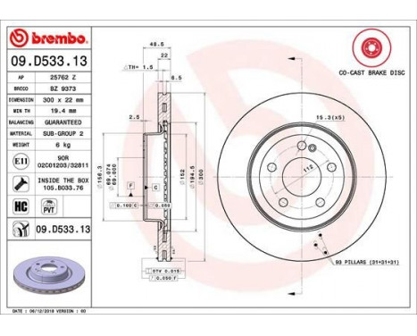 Bromsskiva CO-CAST DISCS LINE 09.D533.13 Brembo, bild 2