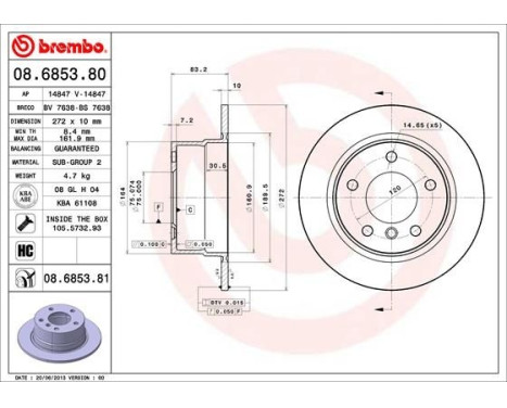 Bromsskiva COATED DISC LINE 08.6853.81 Brembo, bild 2