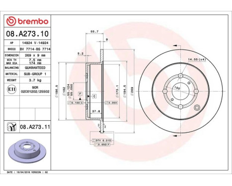 Bromsskiva COATED DISC LINE 08.A273.11 Brembo, bild 3