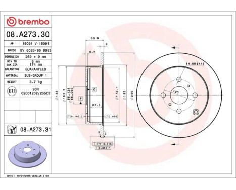 Bromsskiva COATED DISC LINE 08.A273.31 Brembo, bild 3