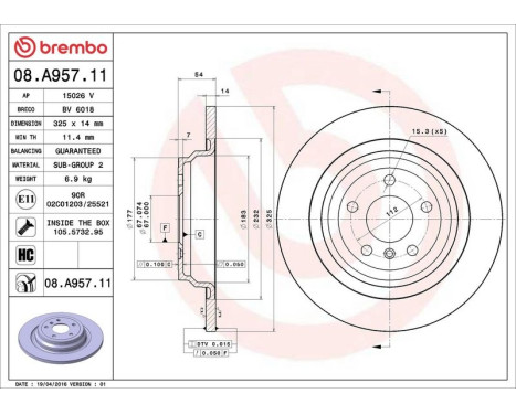 Bromsskiva COATED DISC LINE 08.A957.11 Brembo, bild 3
