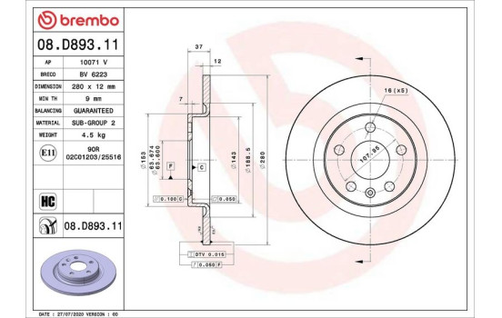 Bromsskiva COATED DISC LINE 08.D893.11 Brembo