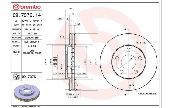 Bromsskiva COATED DISC LINE 09.7376.11 Brembo, bild 3