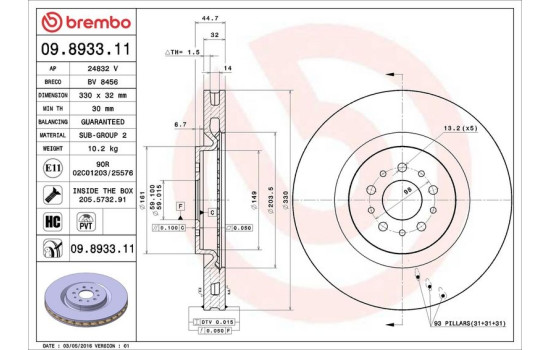 Bromsskiva COATED DISC LINE 09.8933.11 Brembo, bild 4
