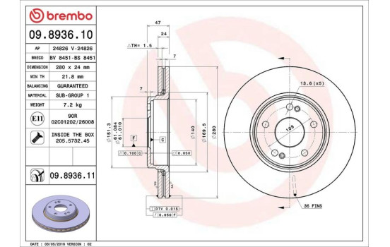 Bromsskiva COATED DISC LINE 09.8936.11 Brembo, bild 3