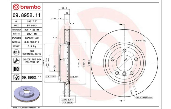 Bromsskiva COATED DISC LINE 09.8952.11 Brembo, bild 4