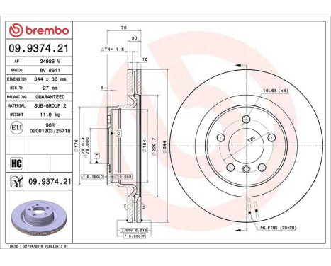Bromsskiva COATED DISC LINE 09.9374.21 Brembo, bild 3