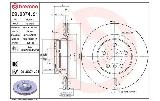 Bromsskiva COATED DISC LINE 09.9374.21 Brembo, bild 2
