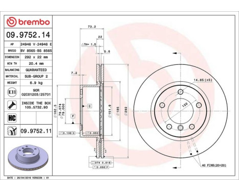 Bromsskiva COATED DISC LINE 09.9752.11 Brembo, bild 3