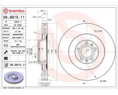 Bromsskiva COATED DISC LINE 09.9915.11 Brembo, bild 3