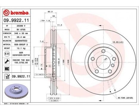 Bromsskiva COATED DISC LINE 09.9922.11 Brembo, bild 2