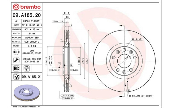 Bromsskiva COATED DISC LINE 09.A185.21 Brembo, bild 3
