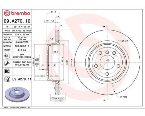 Bromsskiva COATED DISC LINE 09.A270.11 Brembo, bild 4