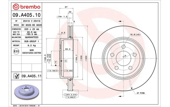 Bromsskiva COATED DISC LINE 09.A405.11 Brembo, bild 3
