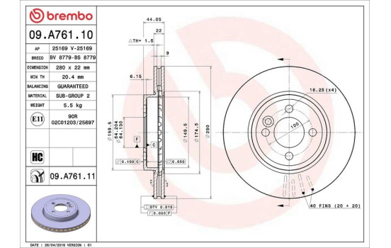 Bromsskiva COATED DISC LINE 09.A761.11 Brembo, bild 5