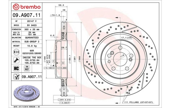 Bromsskiva COATED DISC LINE 09.A907.11 Brembo