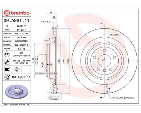 Bromsskiva COATED DISC LINE 09.A961.11 Brembo, bild 3
