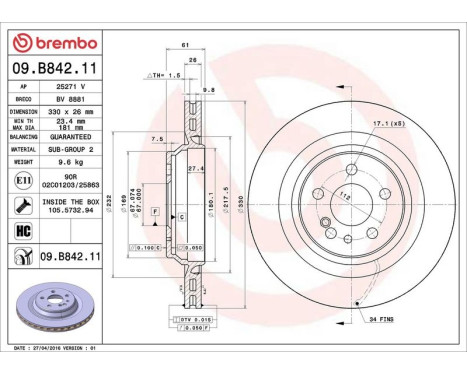 Bromsskiva COATED DISC LINE 09.B842.11 Brembo, bild 3