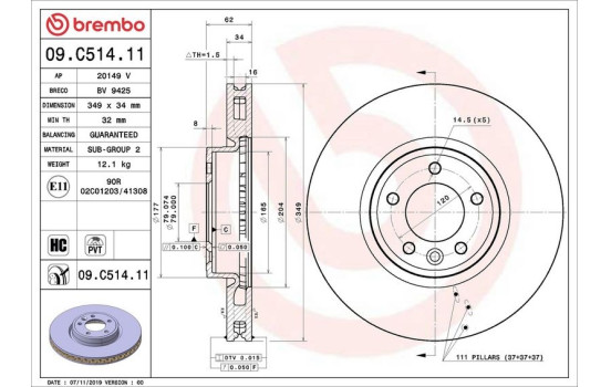 Bromsskiva COATED DISC LINE 09.C514.11 Brembo