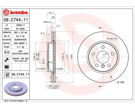 Bromsskiva COATED DISC LINE 09.C744.11 Brembo, bild 2