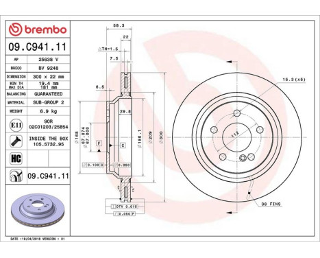 Bromsskiva COATED DISC LINE 09.C941.11 Brembo, bild 3