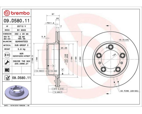 Bromsskiva COATED DISC LINE 09.D580.11 Brembo, bild 2