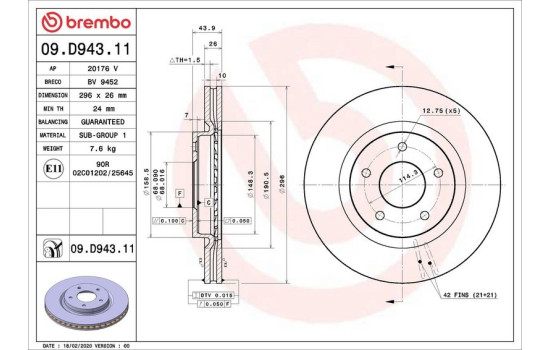 Bromsskiva COATED DISC LINE 09.D943.11 Brembo, bild 2