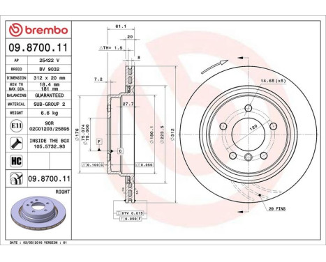 Bromsskiva höger 09.8700.11 Brembo, bild 3