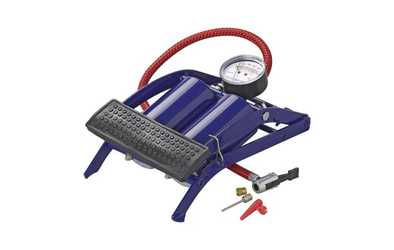 Double cylinder foot pump with pressure gauge