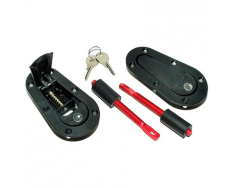 Set universele Racing Plus Flush motorkaphaken/-pins + Slot - zwart + rood aluminium pins Set universele Racing Plus Flush motorkaphaken/-pins + Slot - zwart + rood aluminium pins