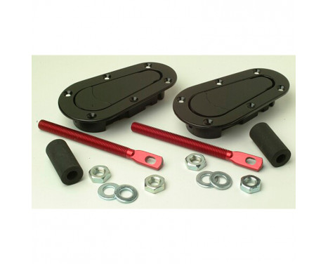 Set universele Racing Plus Flush motorkaphaken/-pins - zwart + rood aluminium pins Set universele Racing Plus Flush motorkaphaken/-pins - zwart + rood aluminium pins