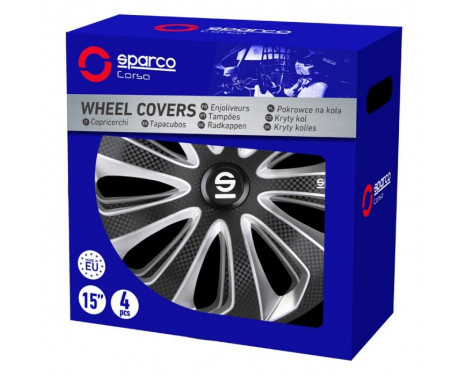 Jeu d'enjoliveurs de roue Sparco 4 pièces Sicilia 15 pouces noir / argent / carbone, Image 3