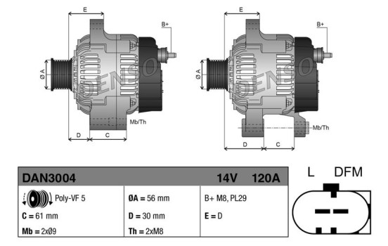 Alternator Volkswagen 120A DAN3004 Denso, Image 2