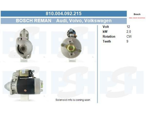 Starter Volkswagen 2.0 kw 810.004.092.215 Bosch