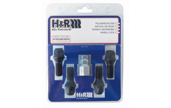 Juego de cerraduras de rueda H&R R13 M14x1,50x27 mm, perno cónico negro - 4 pernos con adaptador incluido