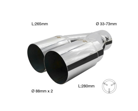 Simoni Racing Exhaust Tip Dual Round Stainless Steel - Ã˜88xL265/280mm - Mounting 33->73mm, Image 2