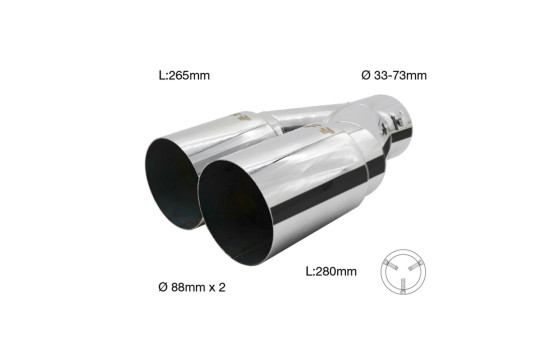 Simoni Racing Exhaust Tip Dual Round Stainless Steel - Ã˜88xL265/280mm - Mounting 33->73mm, Image 2
