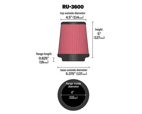 K&N universal conical filter 102mm connection, 137mm Bottom, 114mm Top, 127 mm Height (RU-3600), Image 2
