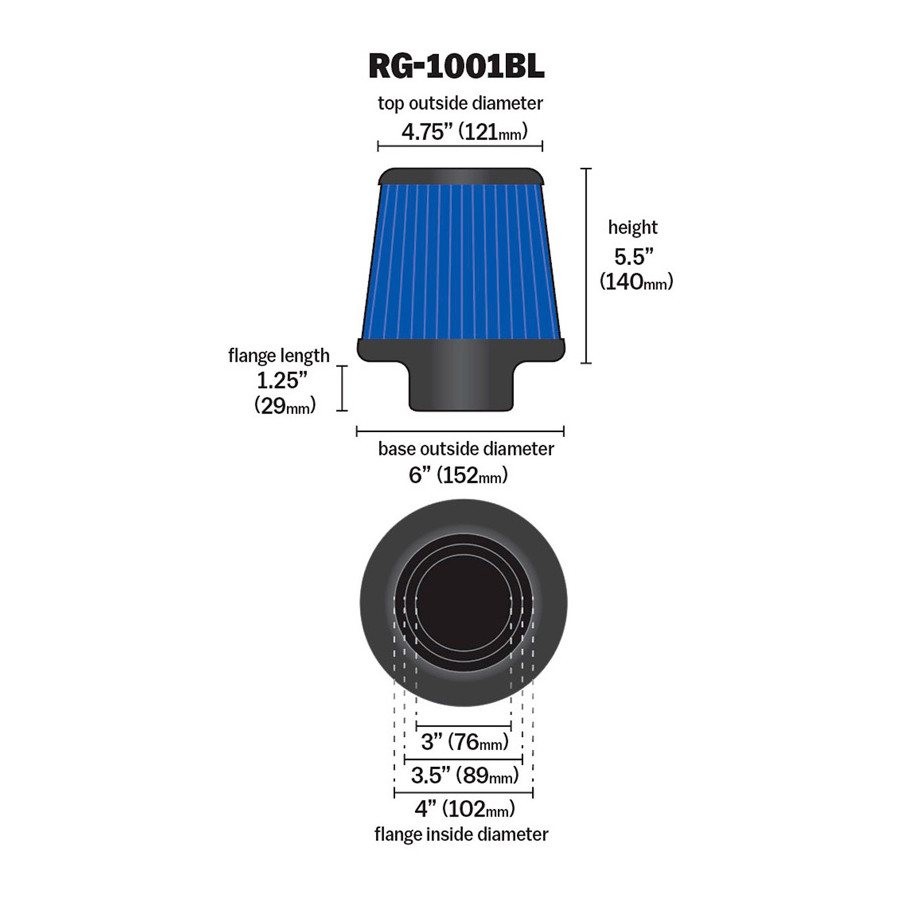 K&N RG-Serie universeel vervangingsfilter met 3 aansluitdiameters Blauw (RG- 1001BL) | KN RG1001BL | K | Nederlands