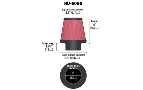 Filtre conique universel K & N avec raccord de 102 mm, fond de 165 mm, haut de 114 mm, hauteur de 152 mm (RU-5060), Image 2