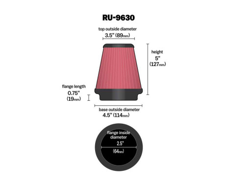 Filtre Conique Universel K & N avec raccord de 64mm, fond de 114mm, dessus de 89mm, hauteur de 127mm (RU-9630), Image 2