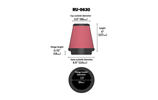 Filtre Conique Universel K & N avec raccord de 64mm, fond de 114mm, dessus de 89mm, hauteur de 127mm (RU-9630), Image 2